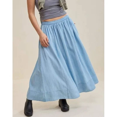 Aerie Light Wash Chambray Denim Maxi Skirt Flowy Full Elastic Waist Boho Cottage - Image 1 of 4