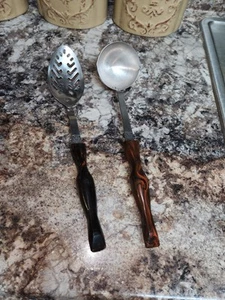 Vintage CUTCO Lot 1715 Ladle and 1713 Slotted Spoon Brown Orange Swirl Set - Picture 1 of 3
