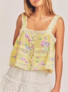 LoveShackFancy SULLY TOP Amarillo BRILLANTE AZALEA Encaje Floral Algodón Cami Tanque Talla S - Imagen 1 de 15
