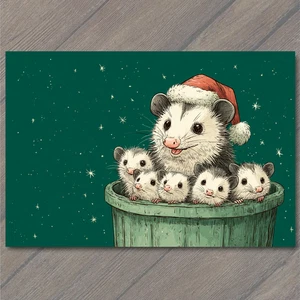 Art Print Christmas Possum Family Santa Hat Cute Funny Trash Can Holiday Card - Picture 1 of 1