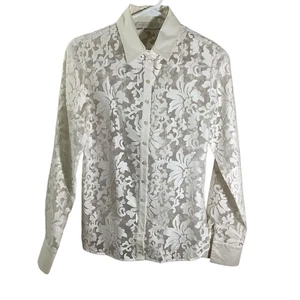 Anne Fontaine Women Sheer Stretch Lace Button Up Shirt Size 36 - Picture 1 of 8