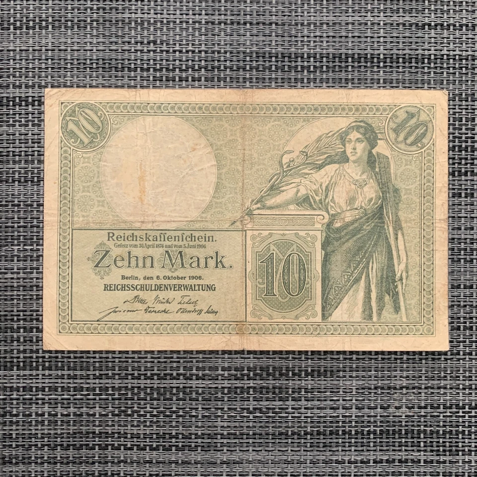 Germany Currency 1906 Deutschland 10 Mark Banknote Kaiserreich Berlin Allegorie - Image 1 of 4