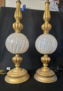 Vtg Pair Murano Ribbed Glass Gilt Wood Lamps - Picture 1 of 19