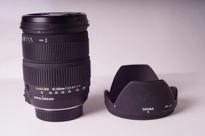 Sigma AF 18-200mm f3.5-6.3 DC OS HSM Lens for Nikon w/Front Rear Caps & Hood - Image 1 of 4