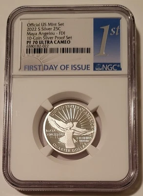 NGC 2022 S Silver Maya Angelou Quarter Unc PF70 UC First Day of Issue (B) - Image 1 of 2