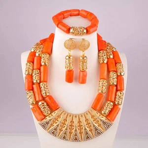 splendid orange nigeria coral beads necklace african jewelry set bridal wedding - Picture 1 of 30