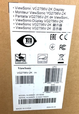 Viewsonic VG2756V-2K 27" USB-C Ethernet LED LCD Docking Monitor QHD VG2756V-2K - Image 1 of 4