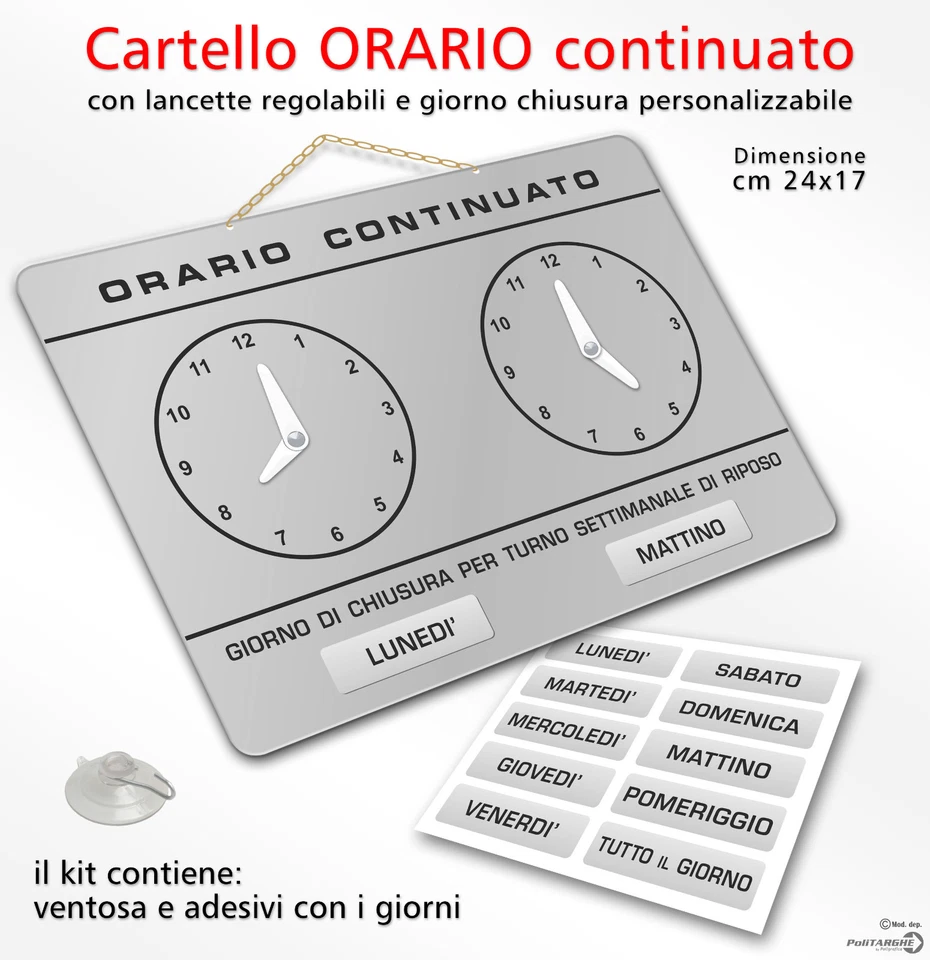 POLITARGHE Cartello ORARIO continuato regolabile apertura negozio ARGENTO