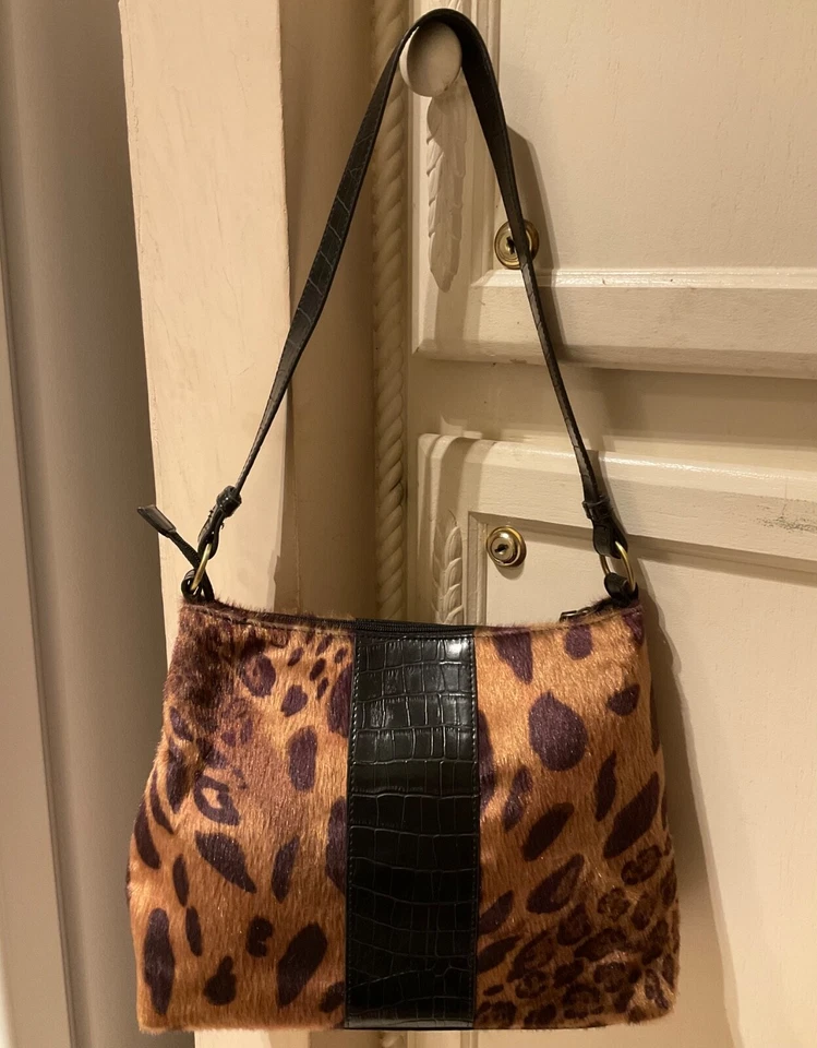 Coldwater Creek Leopard Print Faux Fur Shoulder Bag Faux Crocodile Purse Handbag - Image 1 of 4