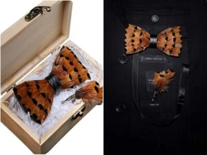 RBOCOTT Handmade Feather Pre-tied Bow tie and Brooch Sets for Men Orange - Picture 1 of 5