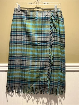 Falda de Lana a Cuadros Jill Dobladillo con Flecos Gris Azul Verde Talla 8 Hasta la Rodilla Boho Preppy Foto 1 de 4