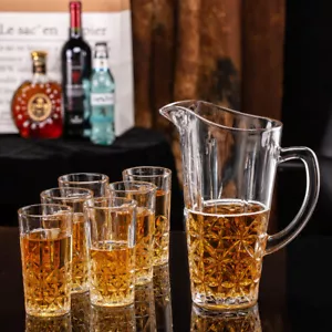 7 Piece Glassware Set Water Jug Pitcher & 6 Glasses Tumbler Juice Crystal Effect - Picture 1 of 5