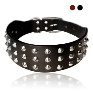 Genuine Leather Studded Dog Collar Heavy Duty Adjustable Rottweiler Pitbull S-XL - Picture 1 of 16