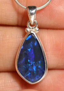 Australian Natural Lightning Ridge Darkbased Opal Silver 925 Pendant Hallmarked - Picture 1 of 7
