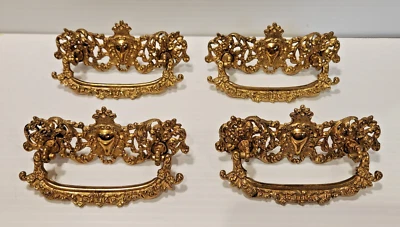Antique 4" Dresser Draw Pulls Cast Brass Hardware Lot of 4 circa 1890's w/Screws - Image 1 of 4