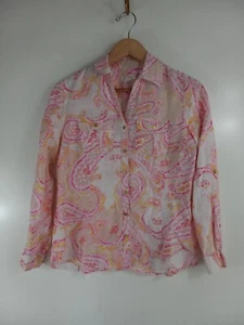 Charter Club Luxury Linen Blouse Top S Pink Yellow Paisley Button Long Sleeve - Picture 1 of 5