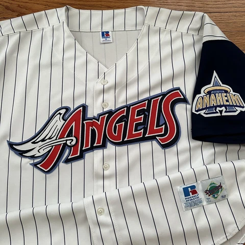 Vtg Russell Athletic Diamond Collection Anaheim Angels Pinstripe Baseball Jersey Cover