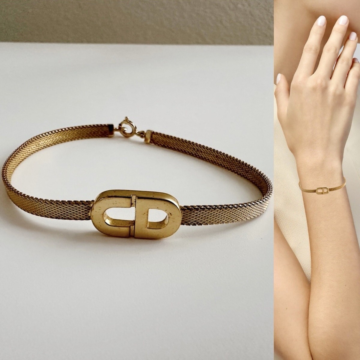 アクセサリー Dior Vintage 11 ream Logo Gold Bracelet Christian Dior Authentic CD Logo Motif Gold Chain Link