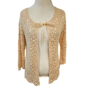 Y2K Womens S/M Cream Cardigan Sweater Tie Front Crochet Boho Neutral Open Knit - Picture 1 of 11