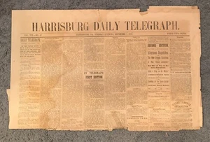 Harrisburg Daily Telegraph - Dec 1, 1874 - front page & partial back - Very Poor - Picture 1 of 2