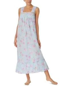 Neu mit Etikett $ 74 Eileen West aqua/rosa Rosen GEWEBTE BAUMWOLLRASEN langes Ballett-Nachthemd Gr. S - Bild 1 von 7