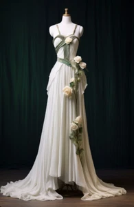 Vintage White Ivory Wedding Dresses with Roses A Line Chiffon Bridal Gowns - Picture 1 of 9