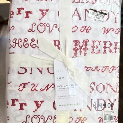 JUEGO DE SÁBANAS POTTERY BARN HOLIDAY CHEER ALGODÓN PERCAL, REINA ~ BLANCO/ROJO NAVIDAD Foto 1 de 4