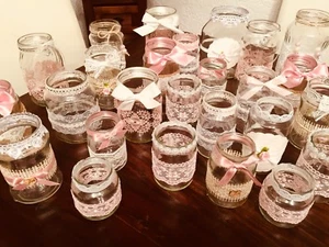 Vintage hochzeit Deko Set 50teilig Shabby Spitze Vasen Teelichthalter rosa - Bild 1 von 8