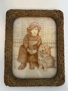 Rare Vintage Lucid Lines Reverse Print On Glass "Shaggy Dog" With Wicker Frame - Picture 1 of 4