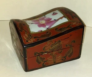 Vintage Japan Lacquer Trinket/Jewelry Box w/ Hand Painted Porcelain Inset Top - Picture 1 of 7