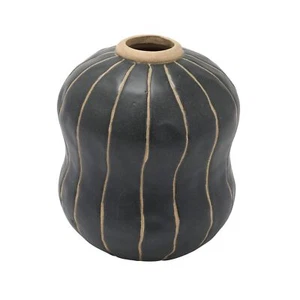 Creative Co-Op Stoneware Vase with Wax Relief Stripes, Black and Cream, 5" L ... - Picture 1 of 7