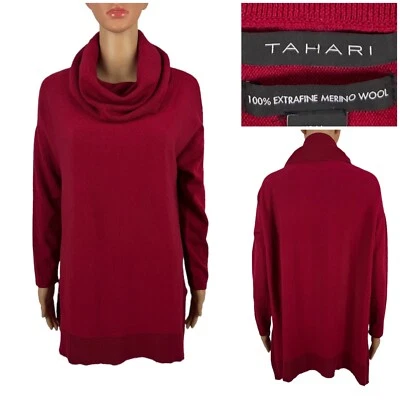 Suéter feminino Tahari médio 100% lã merino extrafina gola capuz pulôver em excelente estado usado - Imagem 1 de 4