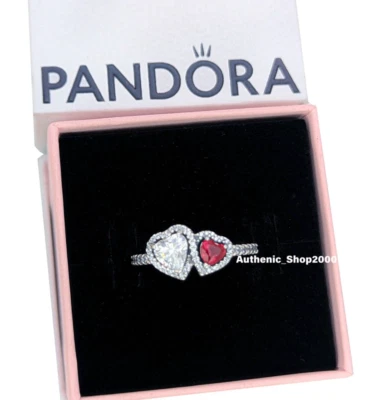 Новый 100% подлинный PANDORA 925 эля красный сверкающий Halo два сердца кольцо 193662C01 - Изображение 1 из 4