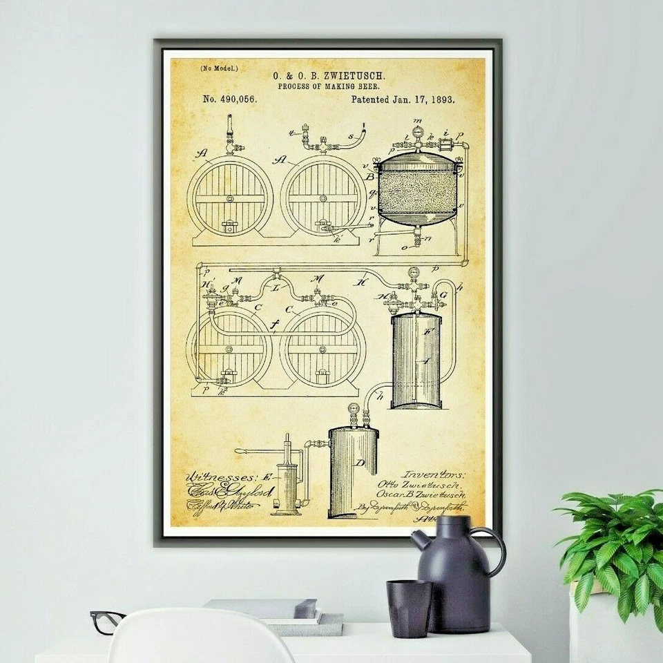 ¡Póster de patente de cerveza 1893! (hasta tamaño completo 24" x 36") - Cervecería - Barril Foto 1 de 4