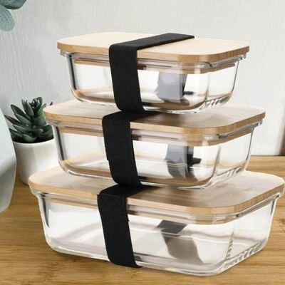 Glass Food Storage Containers with Bamboo Lids -Set Of 3 - Houszy