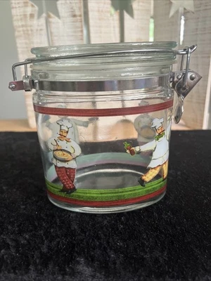 (#822). Fat Chef Canister  Glass Lock Hinged Vintage Oval Storage Jar Italian - Image 1 of 4