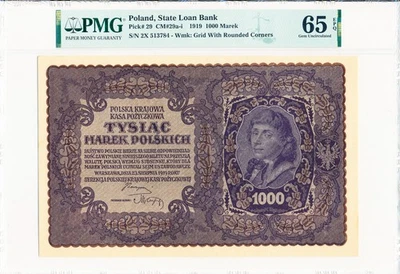 State Loan Bank Poland 1000 Marek 1919  PMG  65EPQ - Image 1 of 2