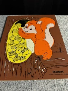 Vintage Playskool Wood Wooden Puzzle Squirrel 275-37 6 Pcs Nuts in Tree Tray - Picture 1 of 4