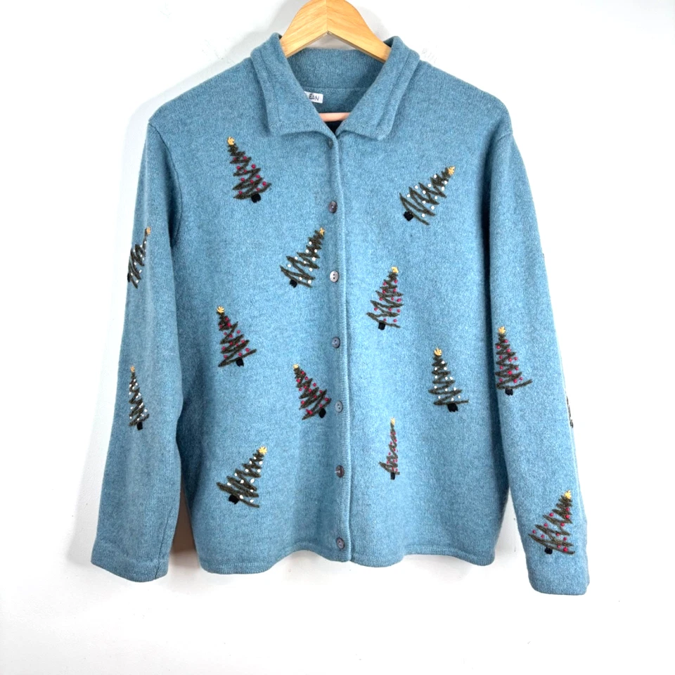 Cárdigan de Navidad de lana bordado L árboles cabaña neutro abuela esquí vacaciones Foto 1 de 4