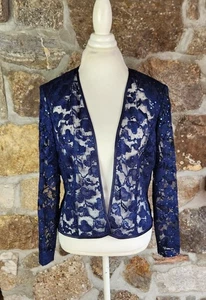 R&M Richard’s Petites Blue Lace Sequin Jacket Women’s Size 16P Sheer Evening - Picture 1 of 10