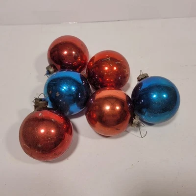Vintage Christmas Ornaments Lot 6 Round Glass Red Blue Shiny Brite Mercury * - Image 1 of 4
