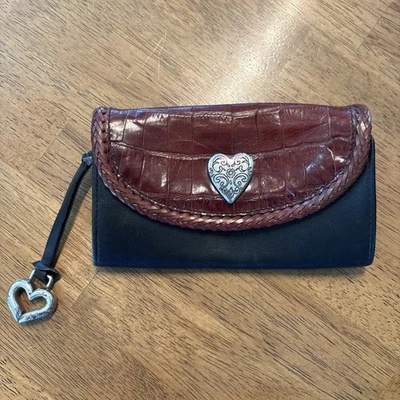 Vintage BRIGHTON Eyeglass Hard Case Brown Croc Black Leather Silver Heart Charm  - Image 1 of 3