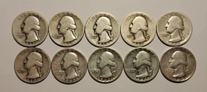 10 - SILVER WASHINGTON QUARTERS 1937-1945 BELOW MELT VALUE 1938 P-S 1940 P-D-S - Picture 1 of 11
