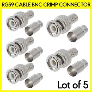 5 Pack BNC Crimp-On Plug Connector 2 Piece for RG-59 Coaxial Cable Plug CCTV - Picture 1 of 5