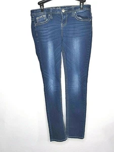 Pantalones de mezclilla ajustados elásticos con diseño 5 bolsillos tachonados desgastados rojos camel para mujer - Imagen 1 de 5