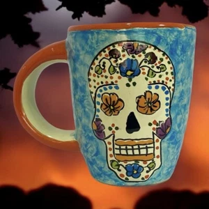 Halloween Sugar Skull Mug Day of the Dead Hand Painted Mexican Folk Art Signed - Picture 1 of 10