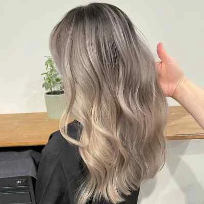 18" Ash Brown with Black Roots Highlight Wavy 100% Human Hair Lace Front Wigs - Image 1 of 4