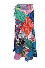 Boho Chic Long Wrap Skirt with Mixed Patchwork Cotton Ethnic Printed Skirts