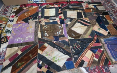 Antique Americana Handmade Embroidery Crazy Patchwork Folk Art Quilt Top 68"x90" - Image 1 of 4