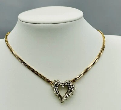 14K Diamond Heart Pendant Collar Necklace 18” VTg Estate Wheat Chain Heirloom - Image 1 of 4
